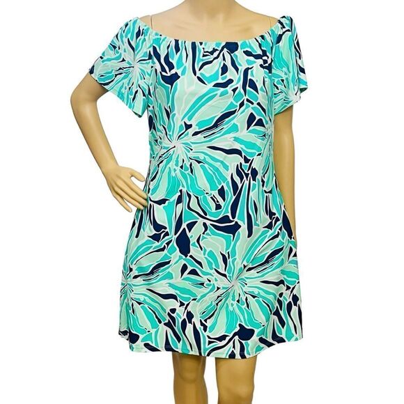 Britt Resort Made USA Teal Abstract Print Dress Pullover Shoulders Off Soft L - Picture 1 of 11